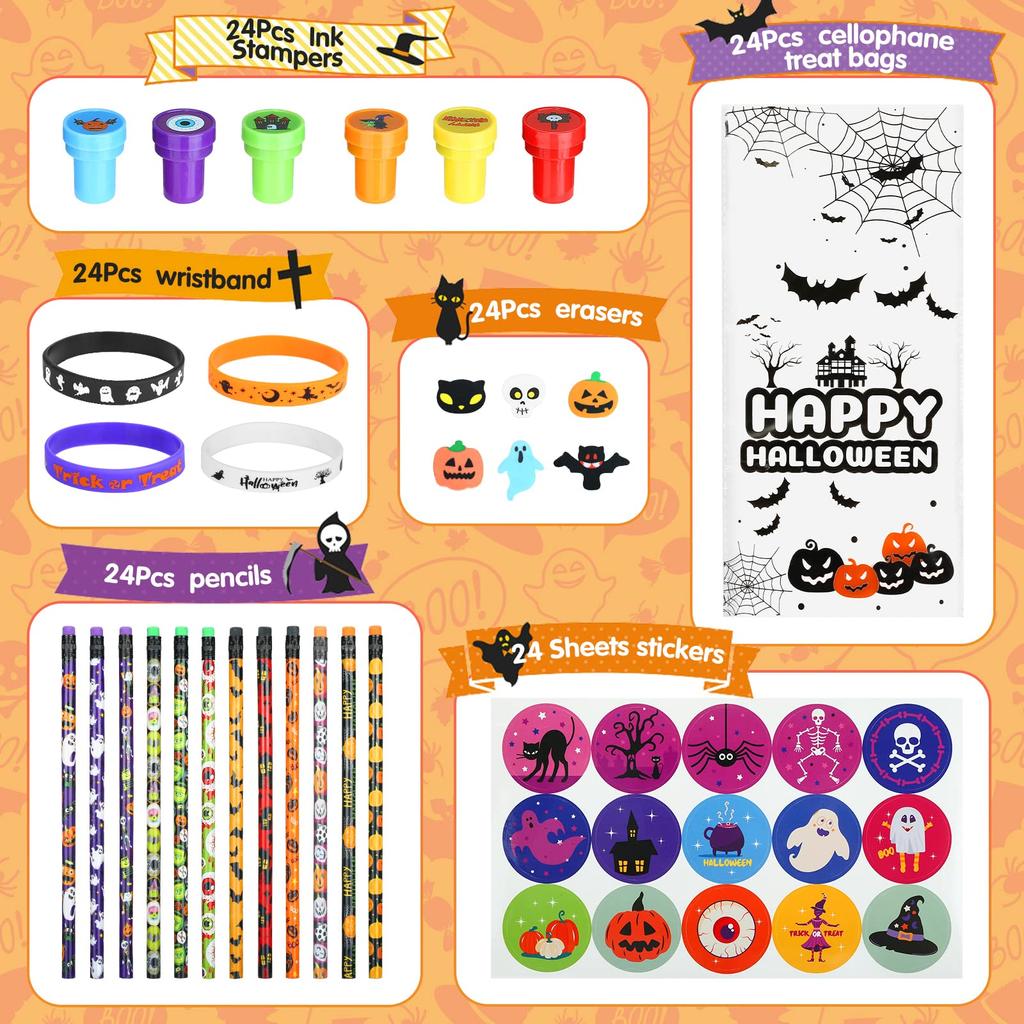 Kesote Halloween Prize Stationery Set Seals Stamps Pencils Erasers Stickers Bracelets Writing Instruments Festival Prizes Kids Presents Gifts Cute