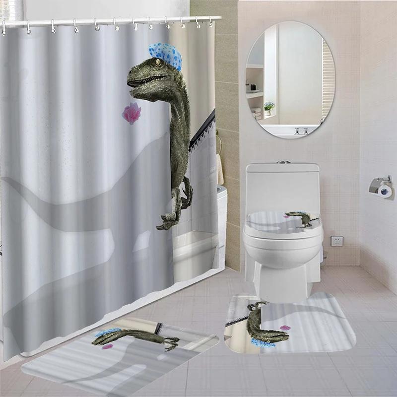 Dinosaur Bathroom Waterproof Shower Curtain Sets With Non-Slip Mat Rug Durable Bath Carpet Lid Toilet Cover Door Mats Bathing
