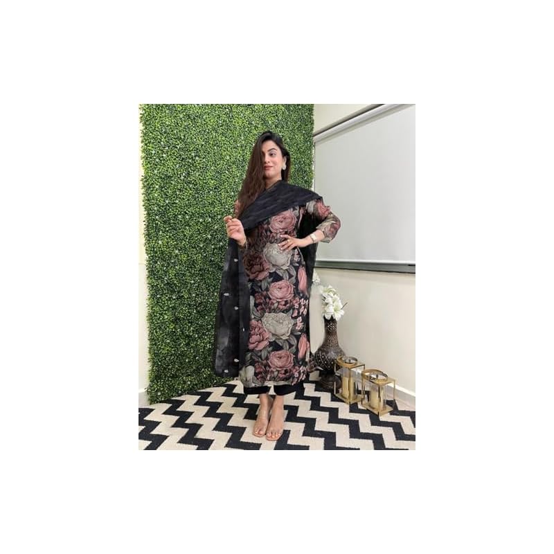 ANNI DESIGNER Women's Cotton Blend Straight Printed Kurta with Pant & Dupatta (Poona Black_XXL_Black_XX-Large)