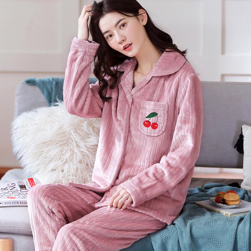 Women's Long Sleeve Coral Fleece Pajamas - Thick, Warm Flannel for Autumn and Winter