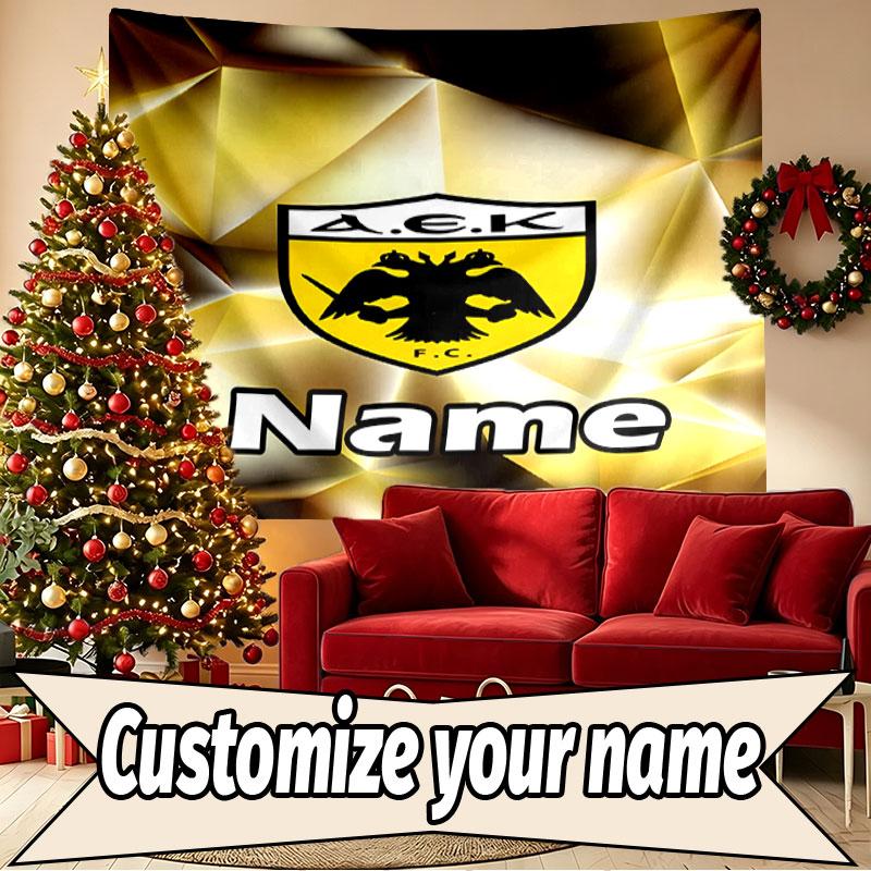 Benutzerdefinierter Name Personalisierte AEK Athen FC Druck Wandteppich, Wandkunst Dekor, Schlafzimmer, Studentenwohnheim, Wohnung, Wohnzimmer, Party-Hintergrund, Geschenk zum Geburtstag