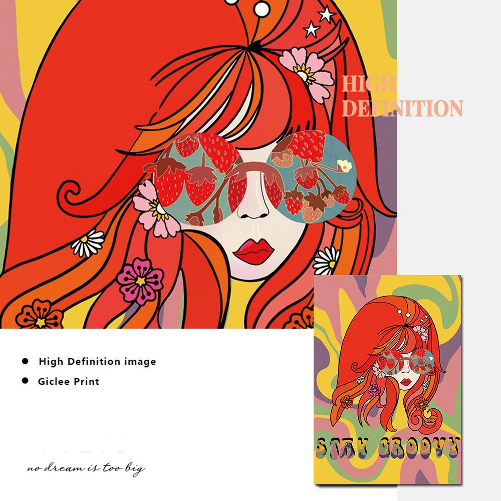 Böhmisch Retro Psychedelisches Poster 60er 70er Disco Bunt Leinwandmalerei Abstrakt Yoga Pose Wandbild Wohnzimmer Heimdeko