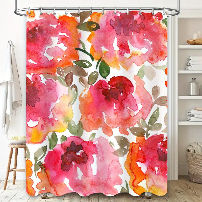 Watercolor Floral Shower Curtain Pink Red Orange White Leaves Design for Bathroom Decor Modern Home Decoration 69x72 inches (175