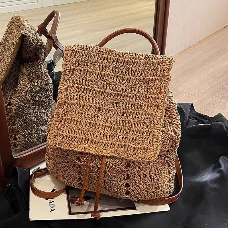 

Большая вместимость, повседневный, универсальный, ручной работы, соломенный, двухцелевой, минималистский рюкзак, сумка на одно плечо - модная, бохо, пляжная сумка светло-коричневого