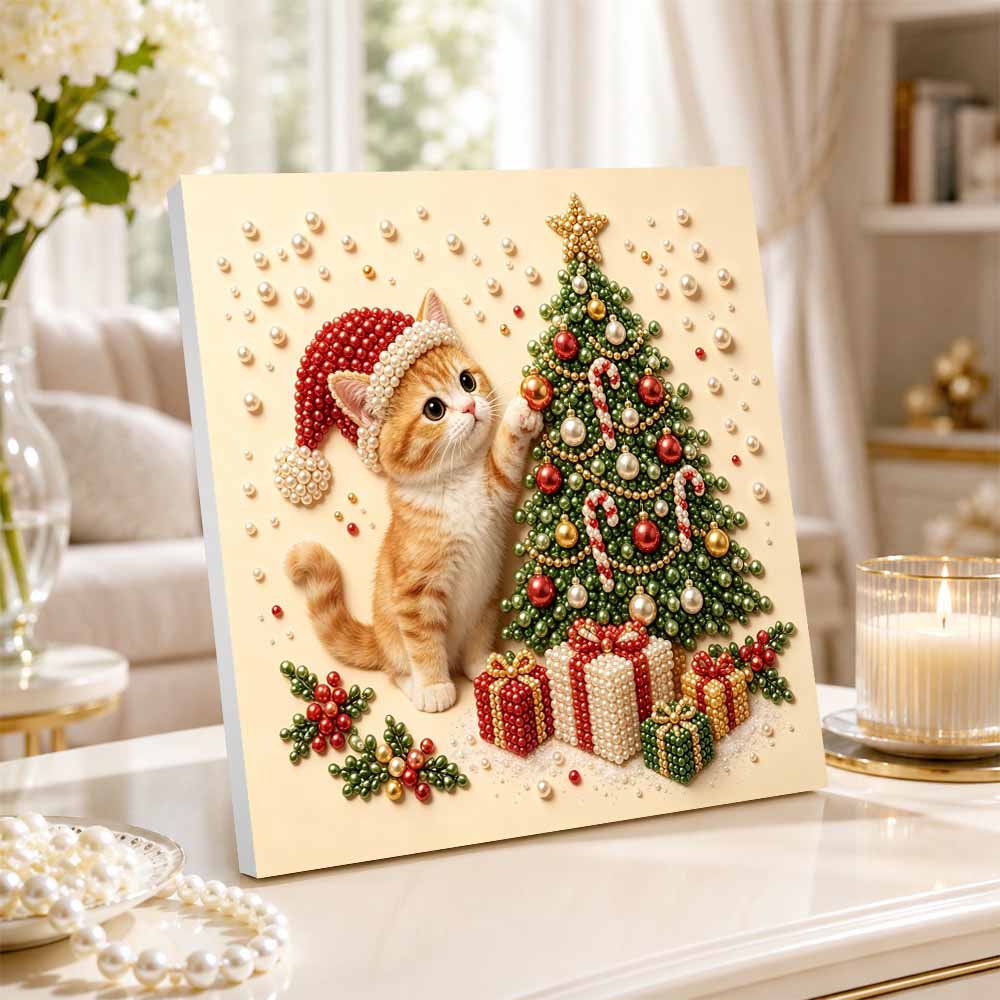 Pearl painting Christmas art kit cute cat and tree DIY home decor painting