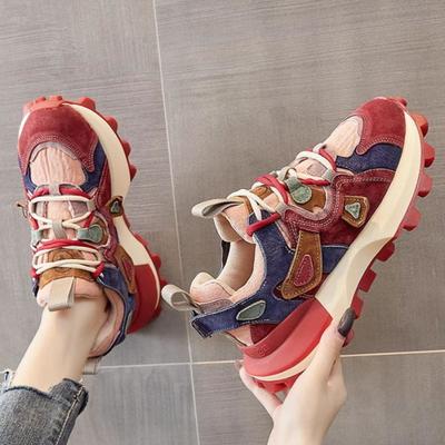 Damen Retro Color Blocked Dicksohlige Sportschuhe Herbst Retro Lässig Schnürschuhe Damenschuhe Modeschuhe
