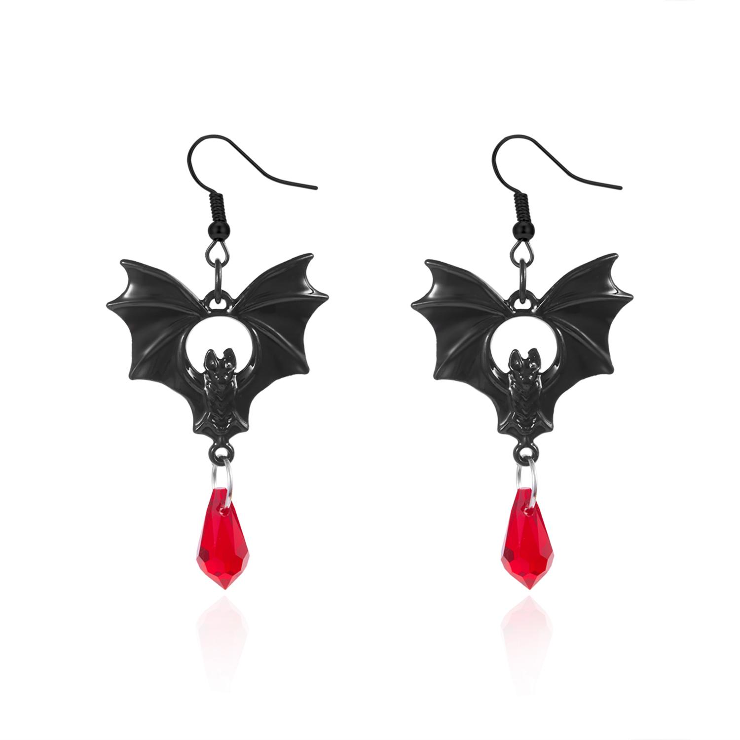 

Punk Gothic Vampire Bat Earrings Hook For Women Man Witch Silver Color Jewelry Red Crystal Vintage Bat Pendant Ear Hooks