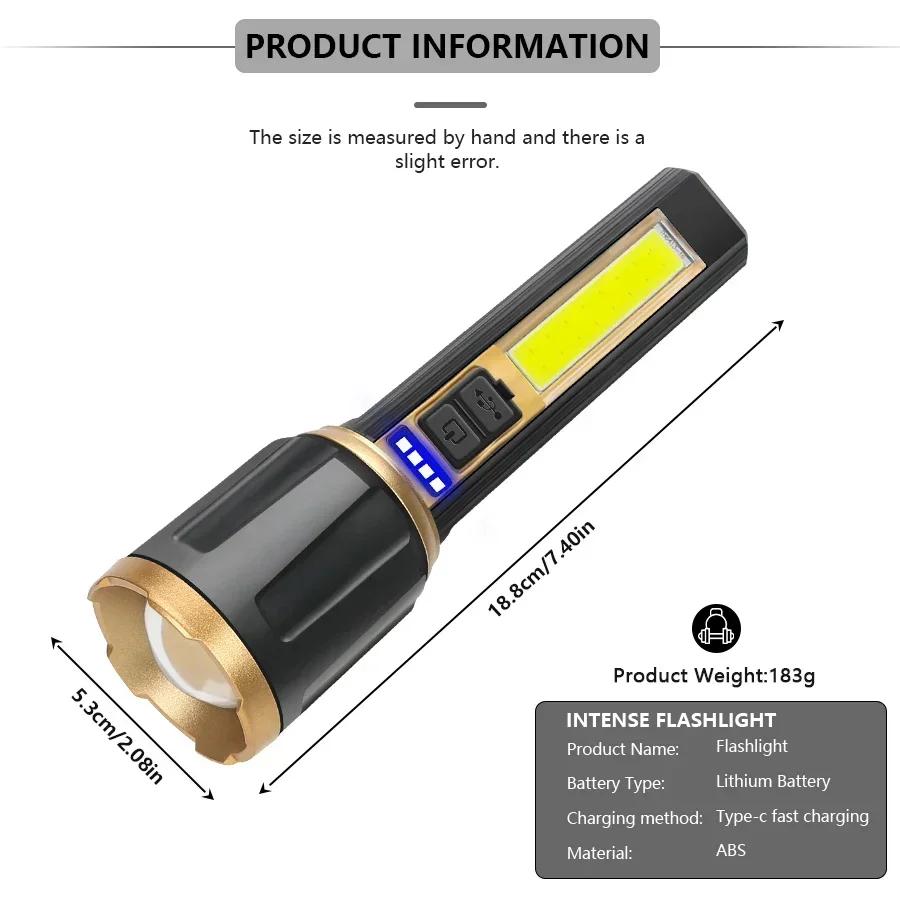 Powerful LED Flashlight T6 Lamp Bead Built-in Battery USB Rechargeable Zoom Torch With Power Display Outdoor Tactical Flashlight