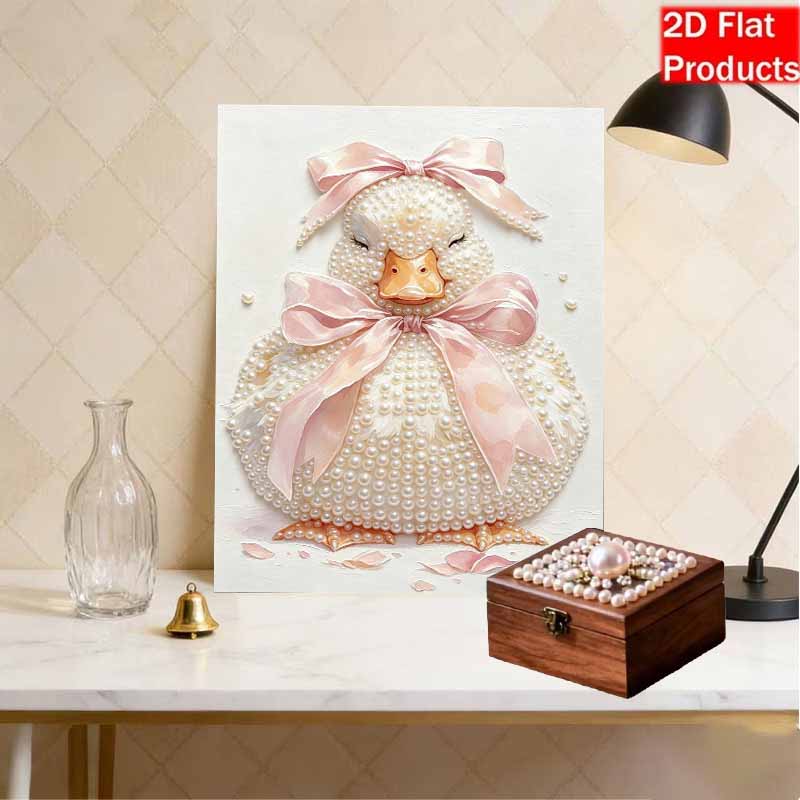 DIY Frameless Pearl Art Painting Kit Cute Pink Bow Duck Pattern 3D Sparkling Bead Canvas Wall Decor Gift for Craft Lovers Hobbyists