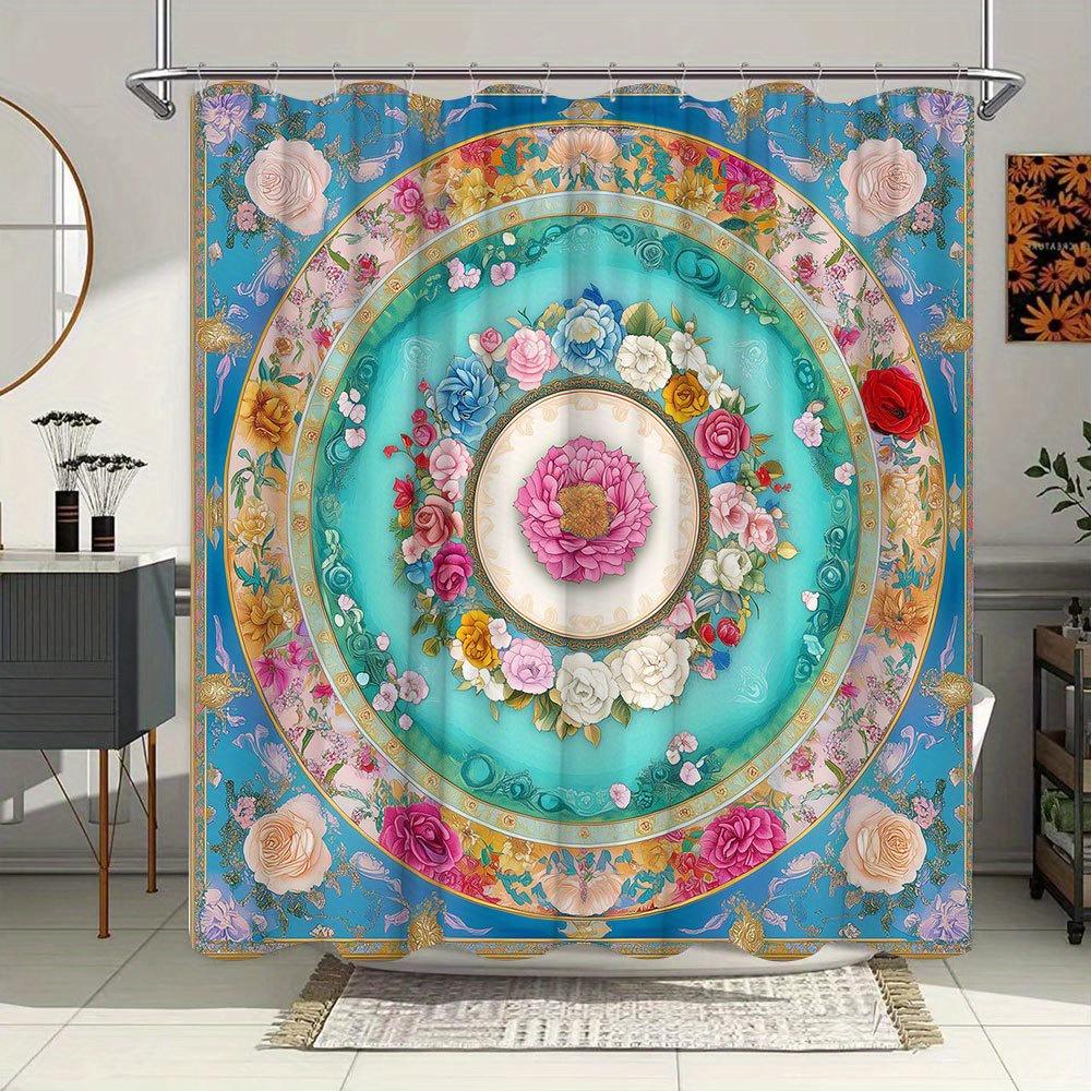 1Pc Luxury Floral Mandala Shower Curtain - Extra Long 70X70 Inches Bathroom Window Drapes With Pink For Lotus, Roses, Turquoise