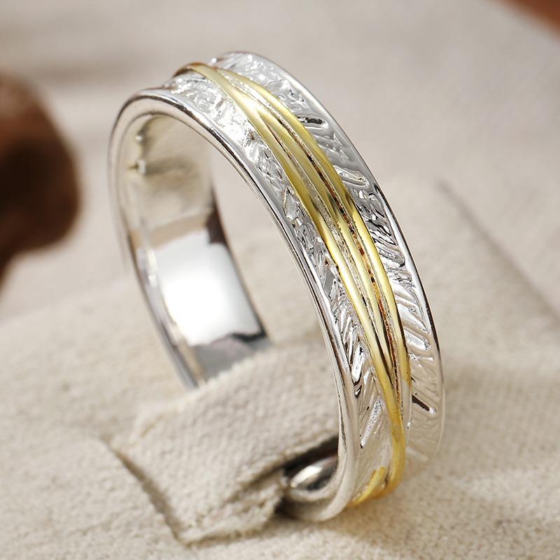 Vintage Handgeschnitzter Breiter Damenring Zweifarbiges Metall Geometrisch Tägliches Tragen Party Schmuck Jahrestag Geschenk 10 white