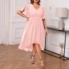 Robe Chiffon Col V Grande Taille Femme Ceinture à Nouer Manches Courtes Ourlet Haut Bas Robe Midi Élégante Décontractée pour l'Été