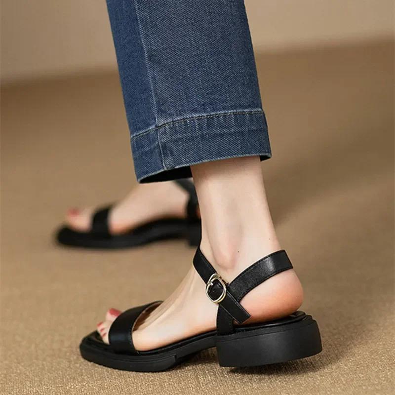Fashion Summer Flat Sandals Women Ankle-Wrap Open Toe Square Low Heel Shoes Slingback Anti-slip Soft Sole Sandals Sandalias De Mujer
