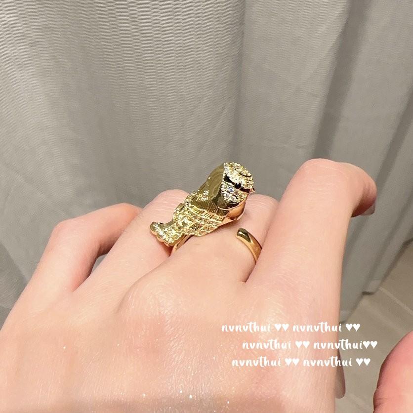Reykjavik Owl Jewel Ring, Antique, 18K Gold Plated, Curved Brushed Parrot Zircon Ring