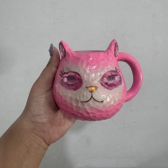 100ml Cat Mug Ergonomic Handle Stain-Proof High-Density Resin Drinking Cup 3D Artistic Cat Details Tea Cup