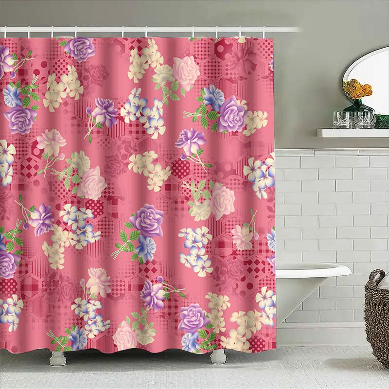 Pink Bath Shower Curtain with Floral Print Modern Home Decor for Bathroom Accessories Decoration Set 72 x 84 inches, Pink Purple
