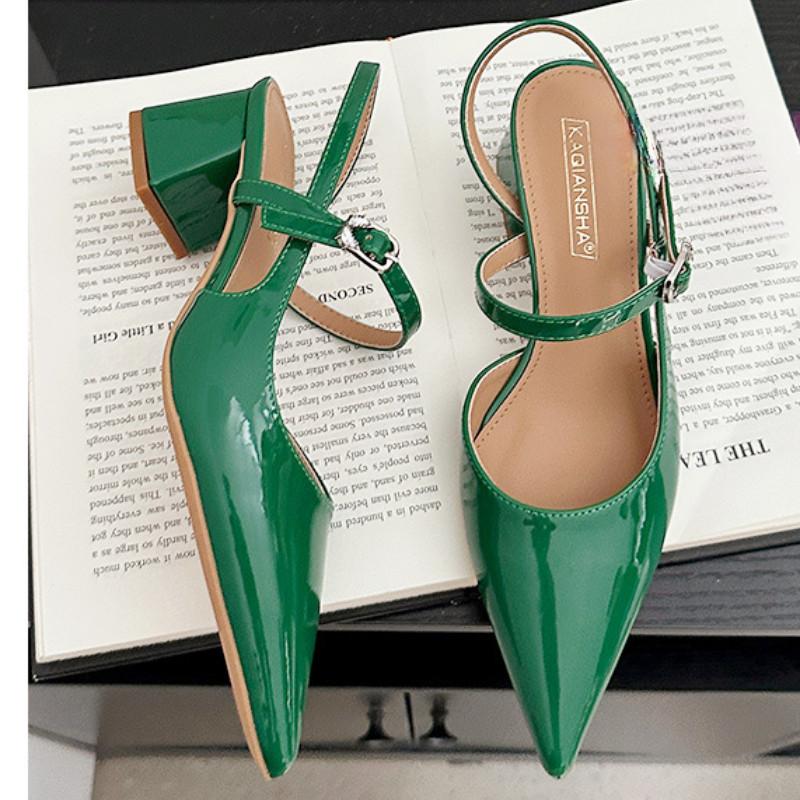 Fashion High Quality Patent Leather Buckle Women Sandals Pointed Toe Back Strap Slide Sandals Fashion Comfort hoof heels Designer Shoes