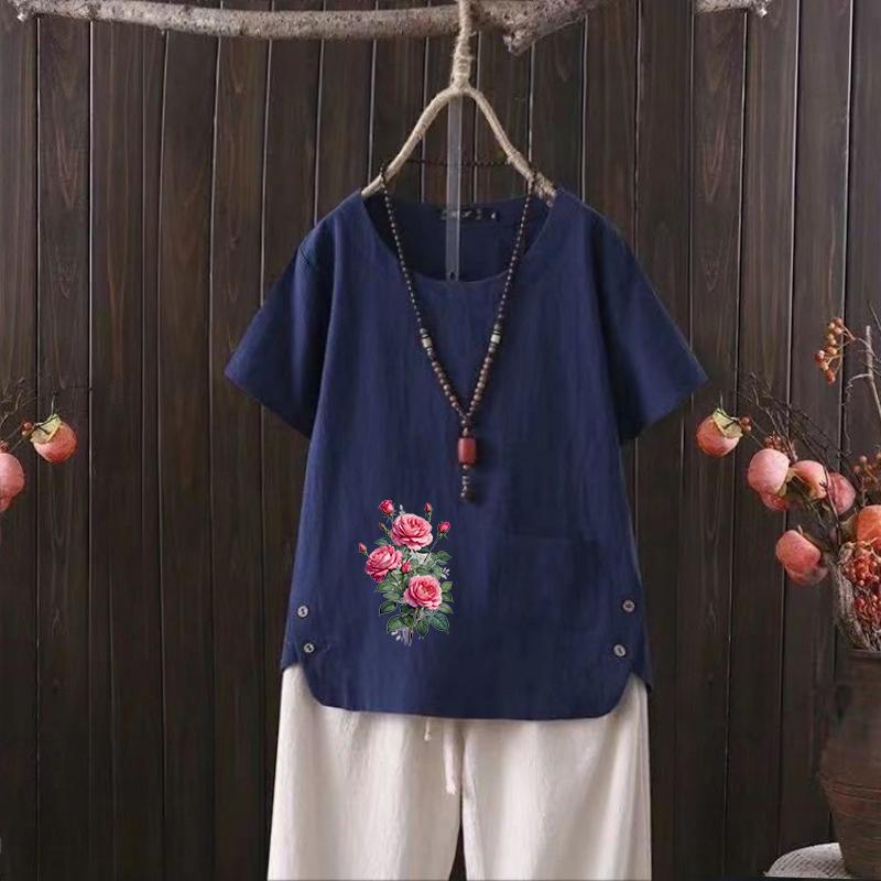 Summer Picnic Linen Shirt, Women's Vintage Graphic Tee, Floral Print Crew Neck, S-4XL