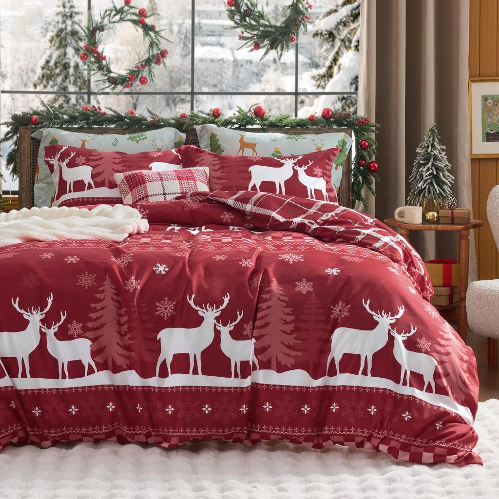 Christmas Snowflake Plaid Printing Quilt Cover Home Textile Bedding Three-Piece Set