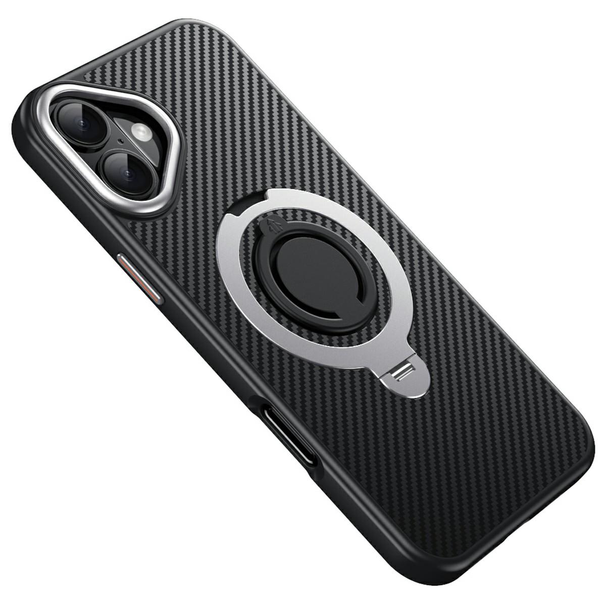 

For iPhone 16 Case Compatible with MagSafe Kickstand Carbon Fiber Texture PC + TPU Back Cover with Silicone Ring B