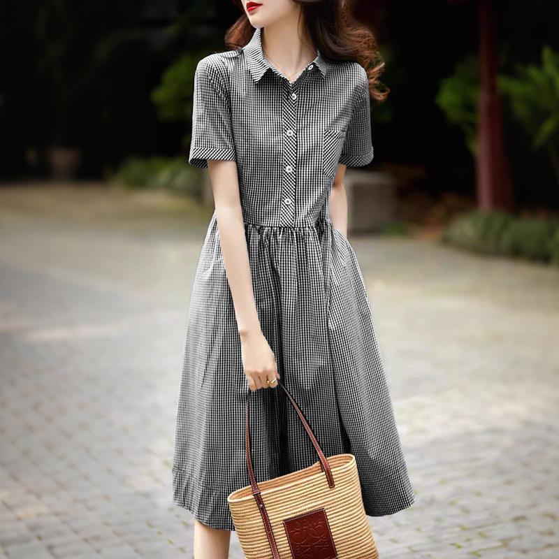 ZANZEA Women Plaid Print Casual Turn Down Collar Short Sleeve Dress S чёрный
