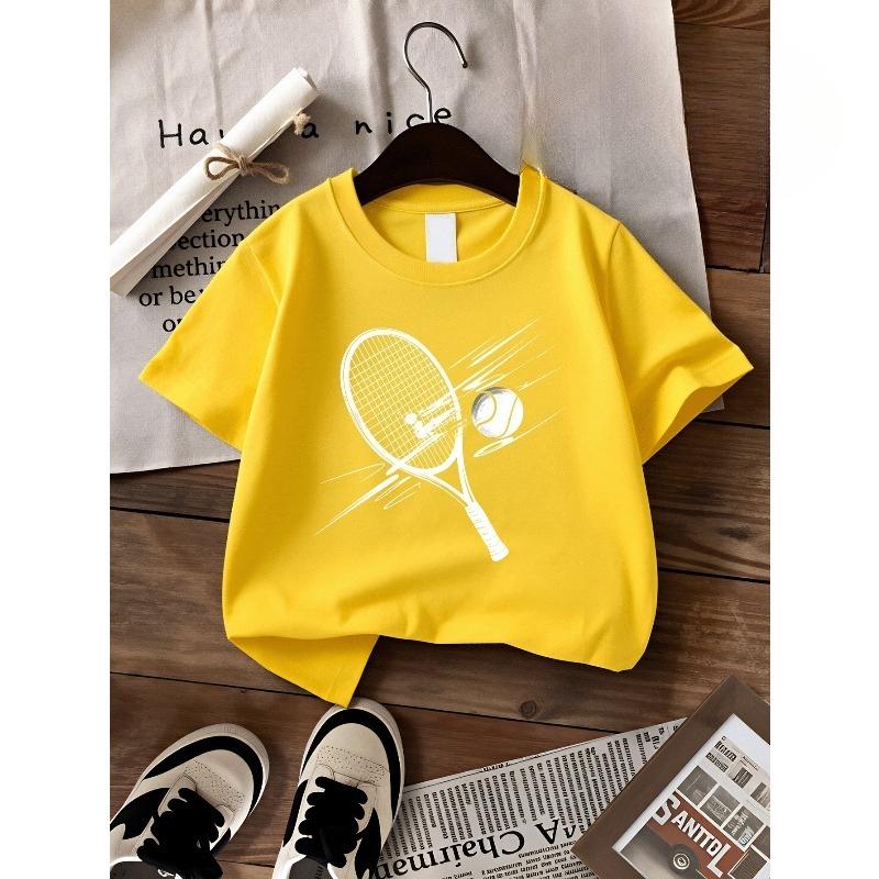 European sizes Boys' T-shirt Tennis Racket Ball Motion Red Backgroun, Ideal for Outdoor Activities, Soft Knitted Top, Comfortable And Breathable