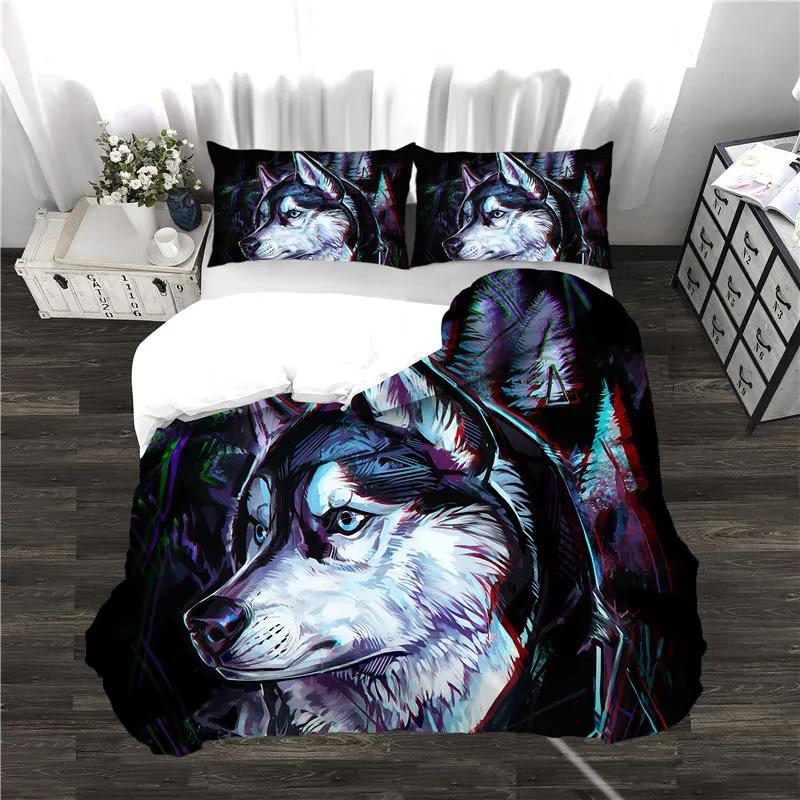 Wolf Howling At Moon Comforter Bedding,Kids Teens Green Galaxy Universe Animal Quilt Cover Set Included:Duvet Cover Pillowcase