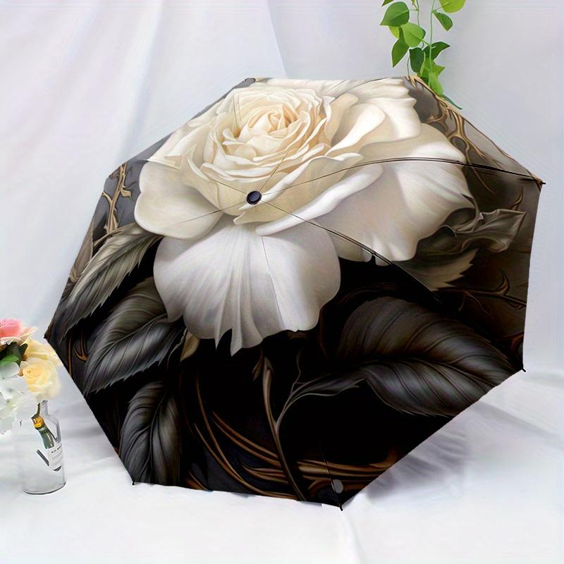 1pc Automatic Open/Close Umbrella with Elegant White Rose Floral design - Windproof 8-Rib sturdy Frame, Compact Folding Umbrel