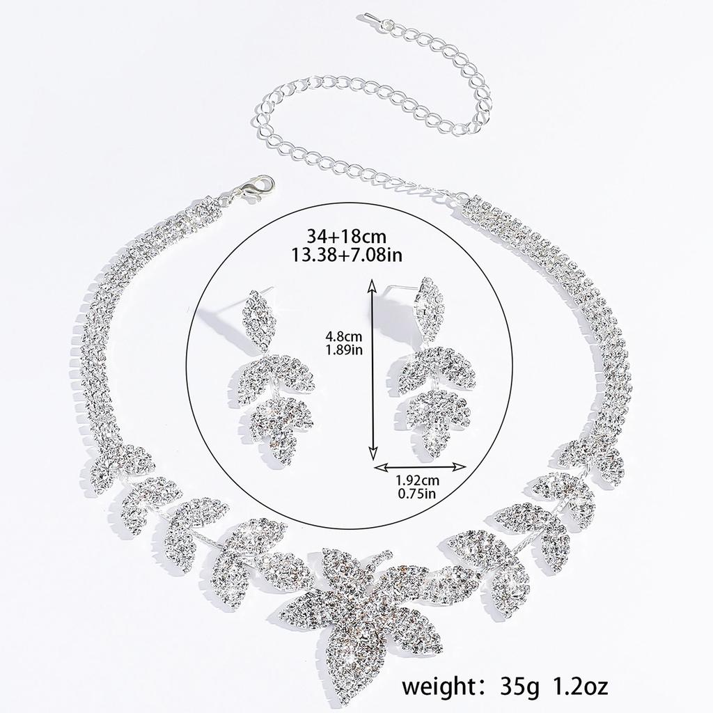 European and American Fashion Personalized Full Diamond Leaf Necklace Earrings Bridal Wedding Accessories