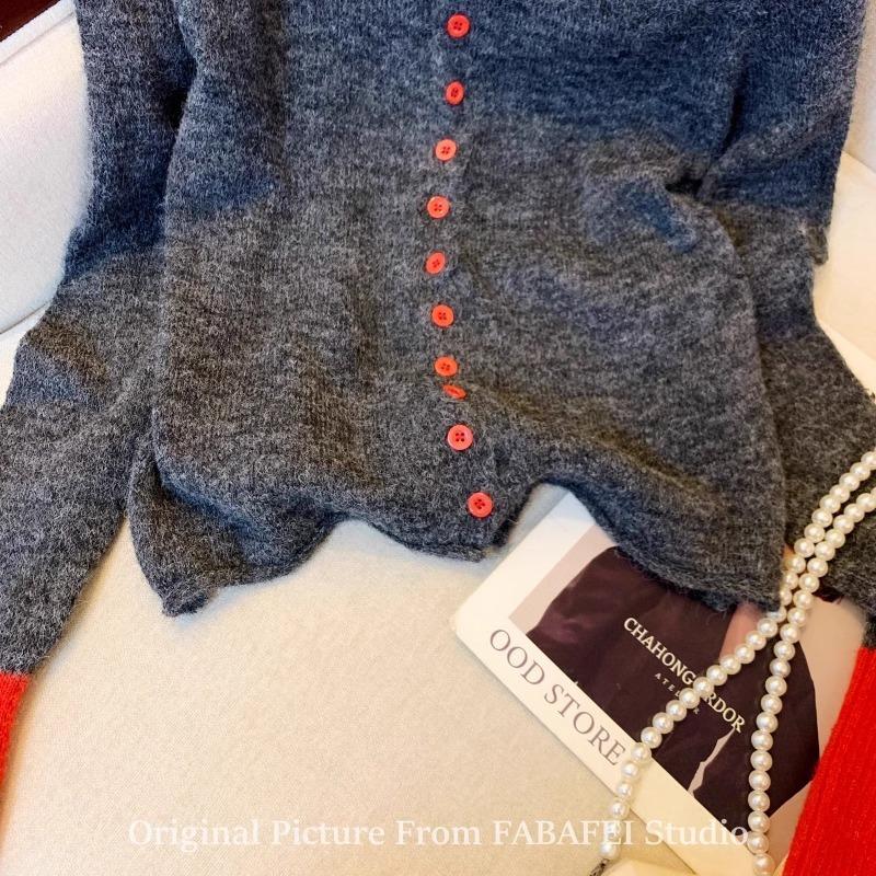 Dark Gray Button Sweater Cardigan Women's Spring Knitted Bottoming Shirt Lazy Wind Contrasting Color Cuff Splicing Top