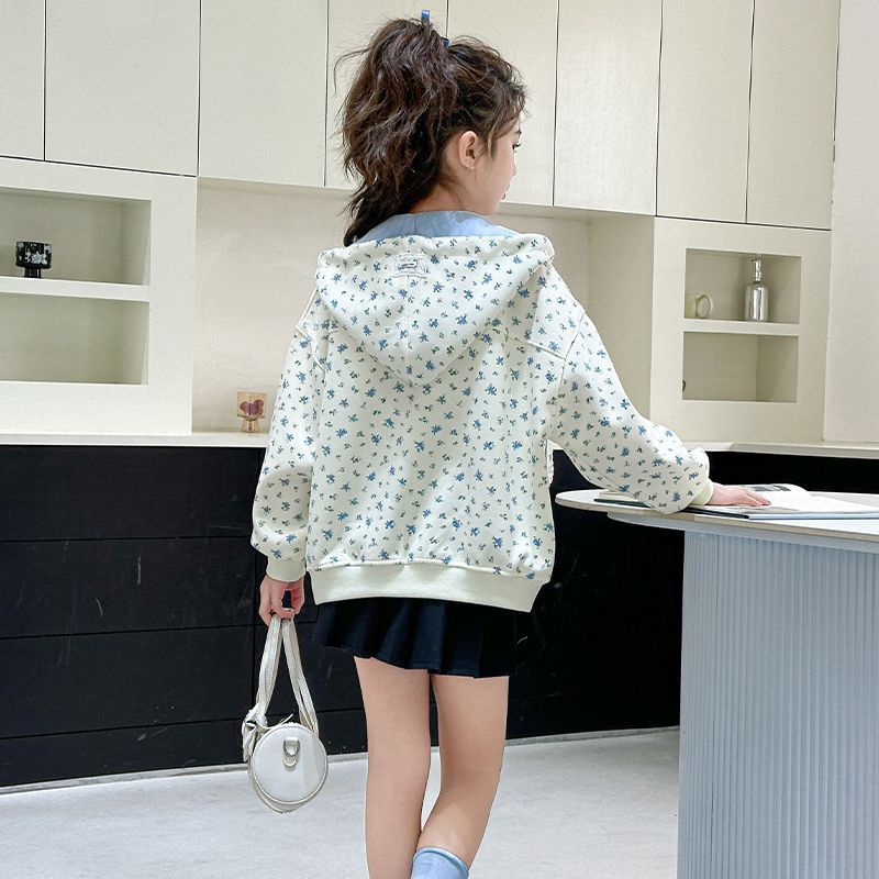 Kızlar İlkbahar Çiçekli Kapüşonlu Hırka Sweatshirt Tatlı Preppy Günlük Üst