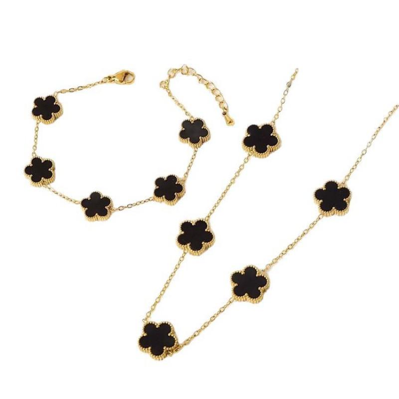 Double-Sided Lucky Clover Titanium Steel Necklace Earring Set Women Minimalist Fashion Daily Wear
