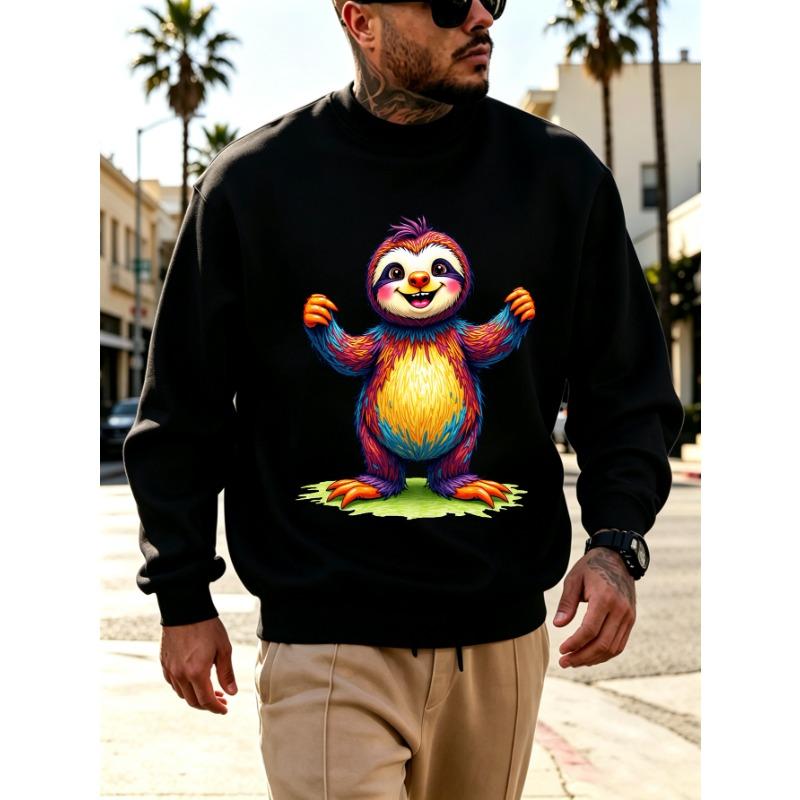 Men's Graphic Print Crew Neck Sweatshirt With Colorful Happy Sloth Standing On Grass Christmas Halloween, Loose Fit.