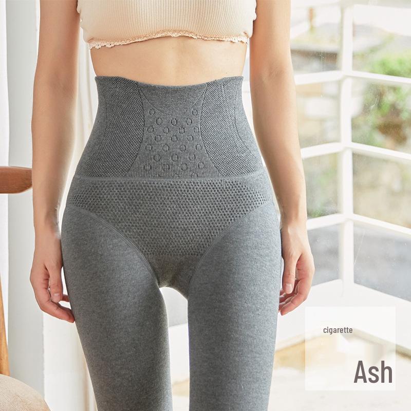 Women's High-Waist Fleece-Lined Cotton Leggings with Tummy Control - Slimming Black Autumn & Winter Pants