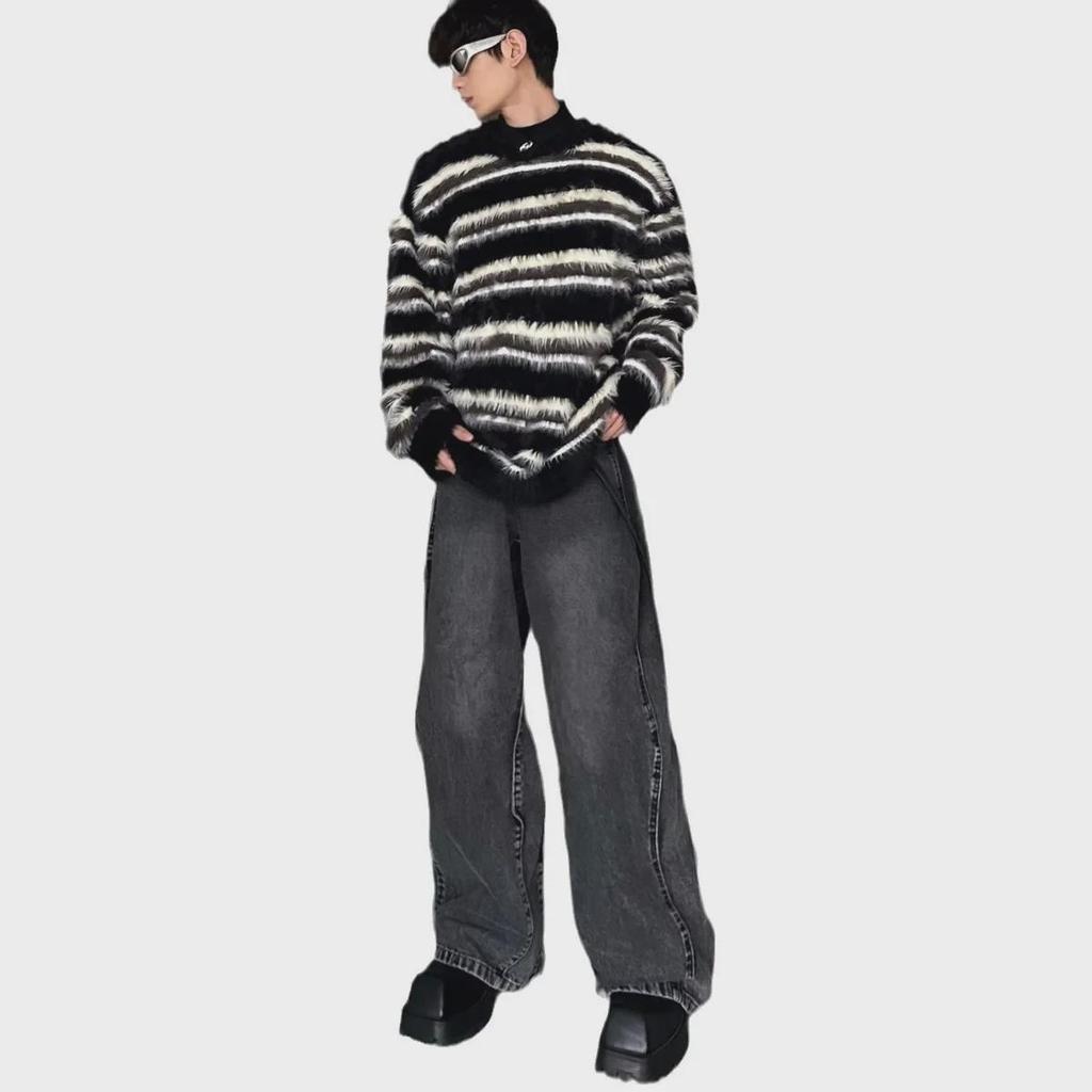 Pánský plyšový mohérový svetr s černobílým pruhem - Špičkový jednoduchý pletený design