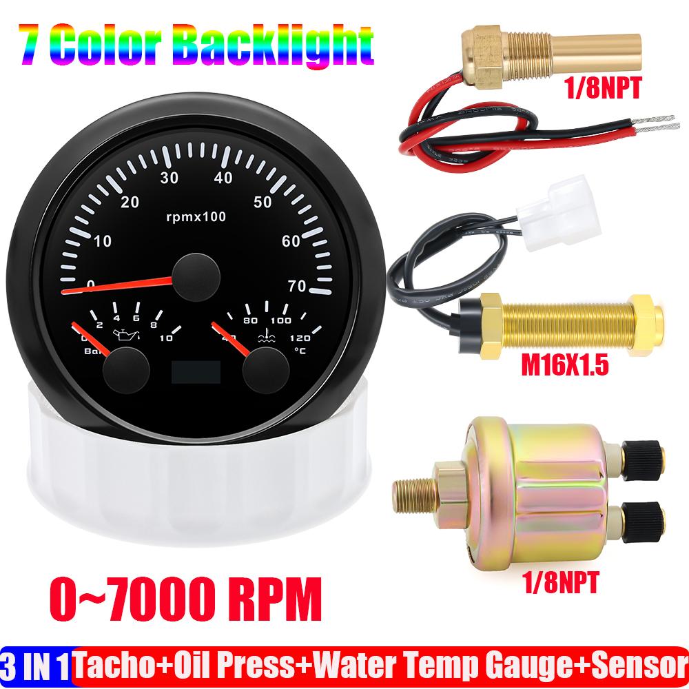 ZMFJH 3000~8000RPM 85MM Tachometer+Oil Pressure+Water Temp Gauge with Sensor 7 Color Light MultiMeter 0~10Bar for Car Boat 9-32V