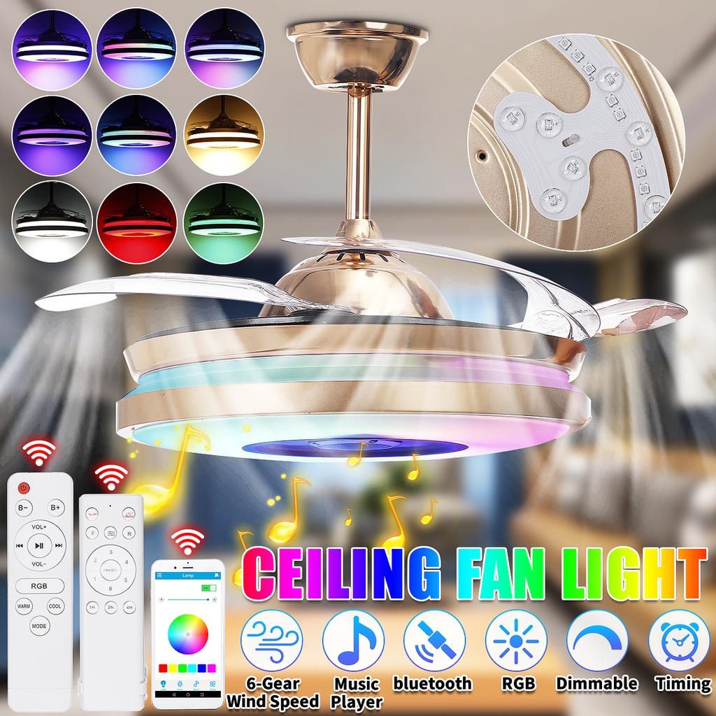42 Pollici 6 Velocità 4 Pale Lampada Ventilatore Pieghevole Retrattile LED RGB Ventilatori da Soffitto Invisibili Dorati Luce Pendente 4 IN 1 con Telecomando APP