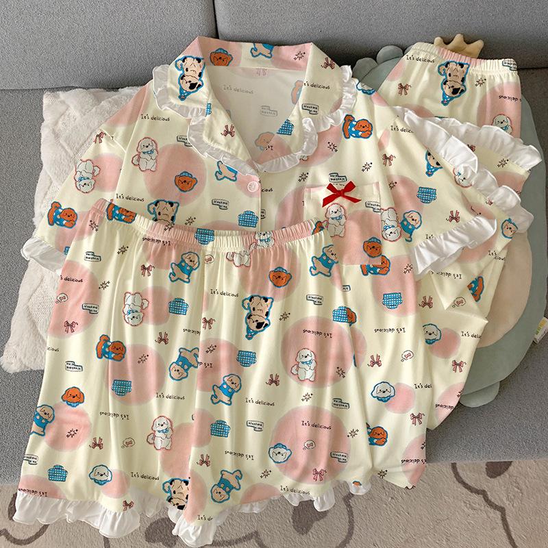 Puppy Cute Fun High-end Style Imitation Cotton Edge Pajamas Women's Summer Loungewear Short-sleeved Three-piece Set