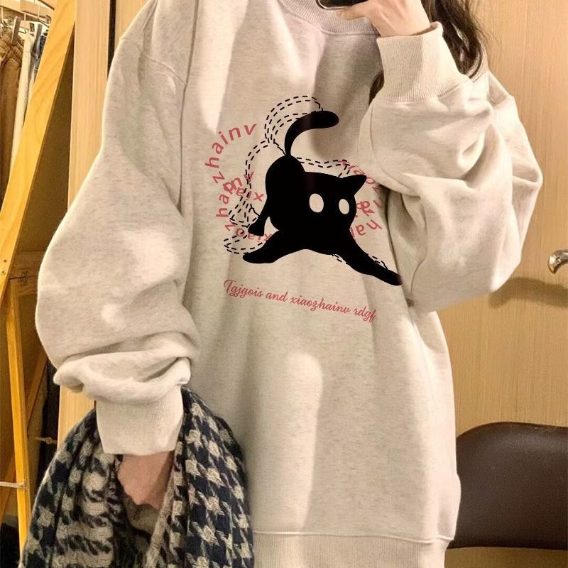 Słodka Dziewczyna Okrągły Dekolt Casualowy Sweter z Podszewką Jesień i Zima Luźny Długi Rękaw Cienka Sekcja Topy Ubranie Zewnętrzne dla Ucznia Retro Wszechstronna Bluza