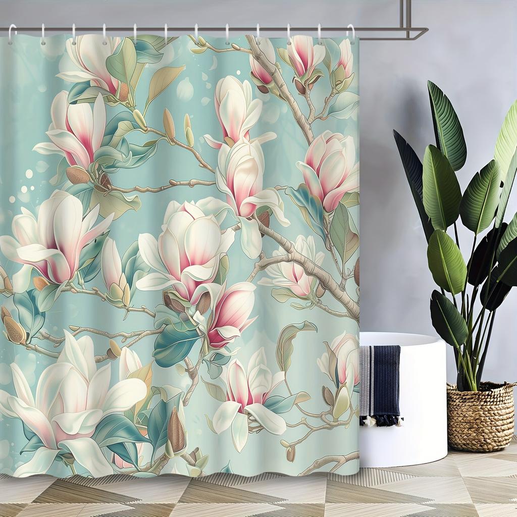 Graceful Magnolia Flower Shower Curtain Washable Dirt-Resistant Shower Head Waterproof Polyester Bath Curtain For Home Decor