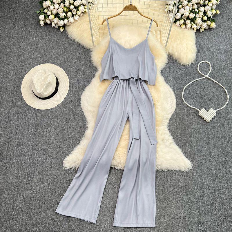 

French Style Sexy Ruffles Fashion High Waist Straight-leg Sling Gray One size