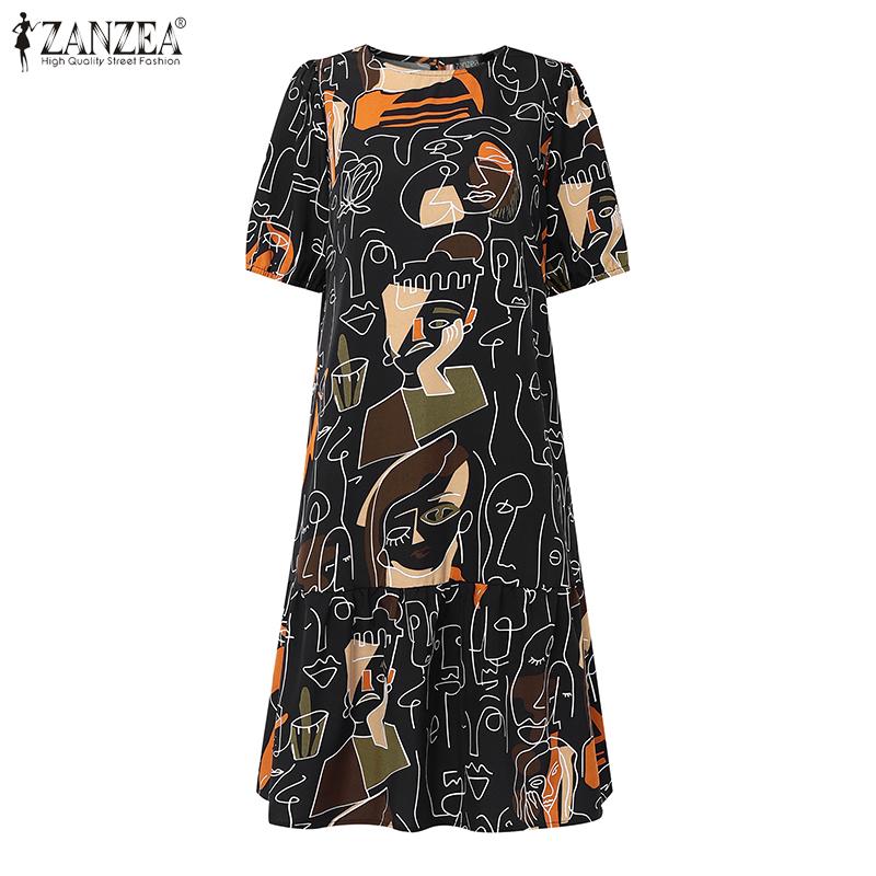 ZANZEA Women Casual O-neck Summer Loose Short Sleeve Print Dress