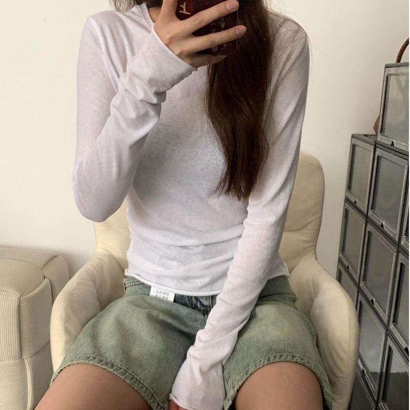 Korean Style Long-sleeved Rolled Hem Top T-shirt Lazy Style Slim Fit Versatile Sun