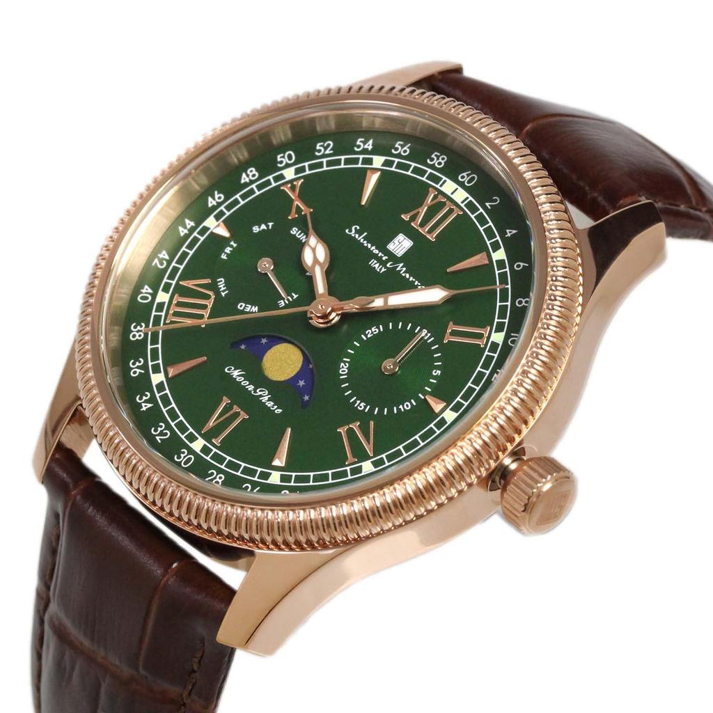 Salvatore Marra Men's Moon Phase Multi-Calendar Watch, 5 ATM Water Resistant, Leather Strap, Limited Edition, Pink Gold and Green, SM24110-PGGR