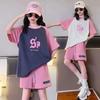 Korean Sporty Chic Set for Big Girls Breathable Short Sleeve Top & Track Shorts - Athletic Casual Wear