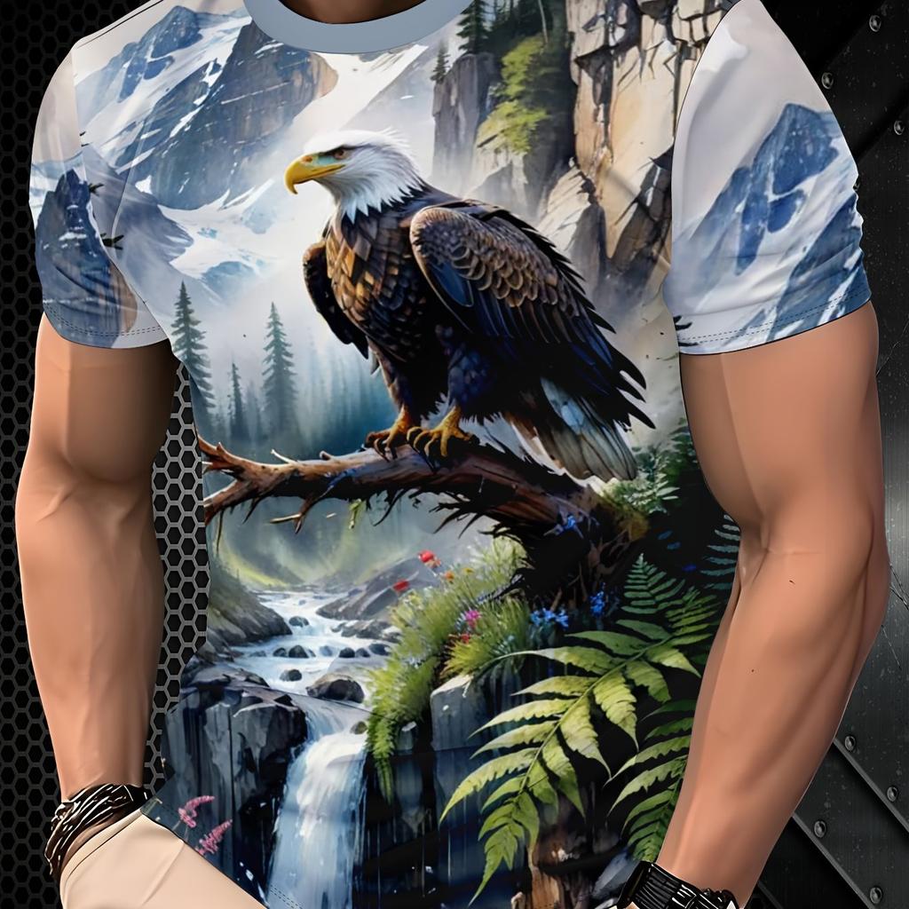 Men'S 3D Print Eagle Element Casual Athletic Top, Fabric, Regular Fit, Suitable for Outdoor Activities And Daily Comfort, Fashio