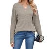 New Autumn and Winter V-neck Button Loose Long-sleeved Strip Stretch Solid Color T-shirt Top for Women