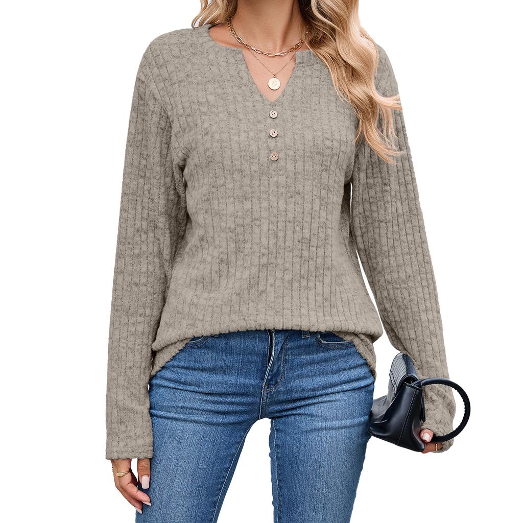 New Autumn and Winter V-neck Button Loose Long-sleeved Strip Stretch Solid Color T-shirt Top for Women