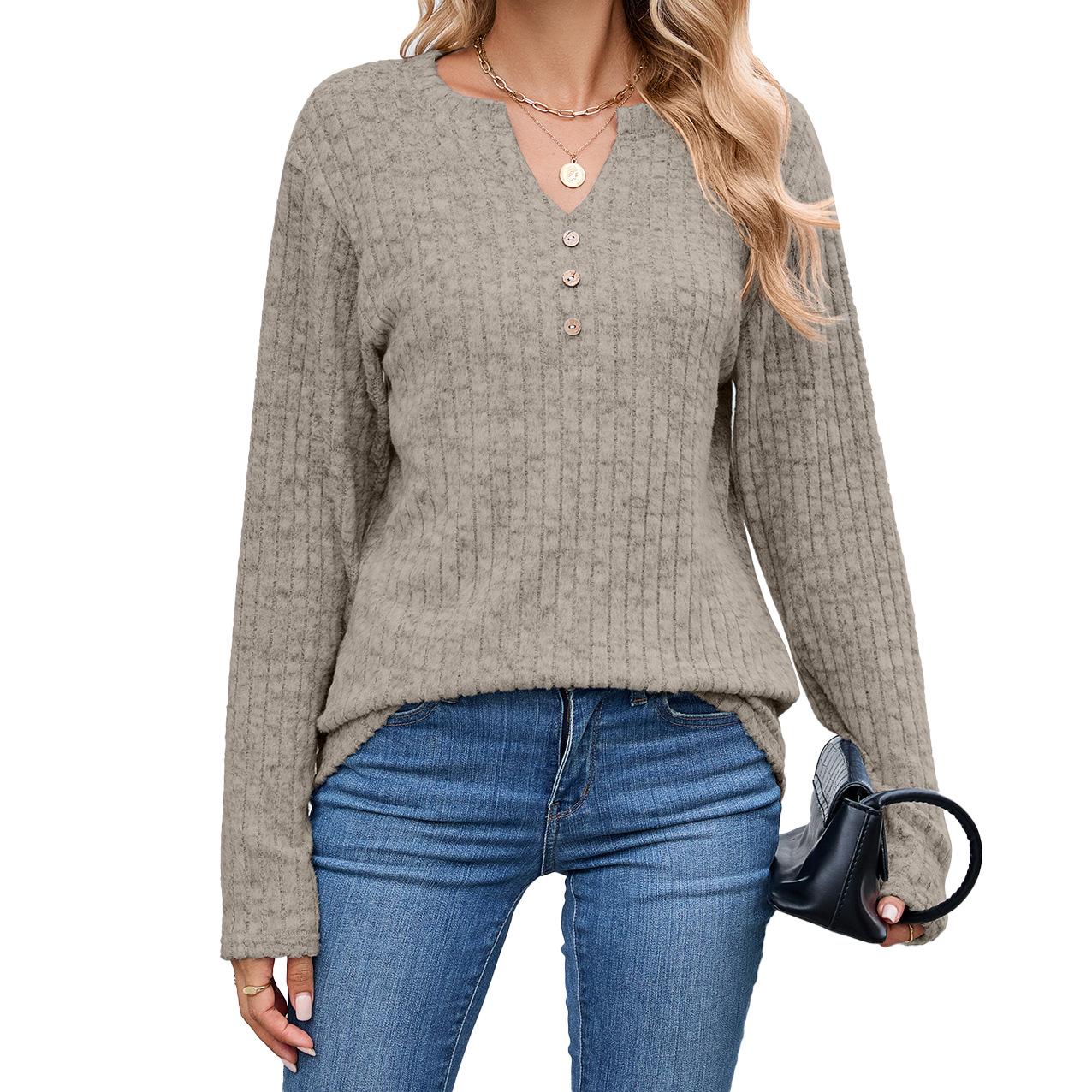 

Новая осенне-зимняя футболка с V-образным вырезом на пуговицах, свободного кроя, с длинным рукавом, в полоску, эластичная, однотонная, топ для женщин S хаки