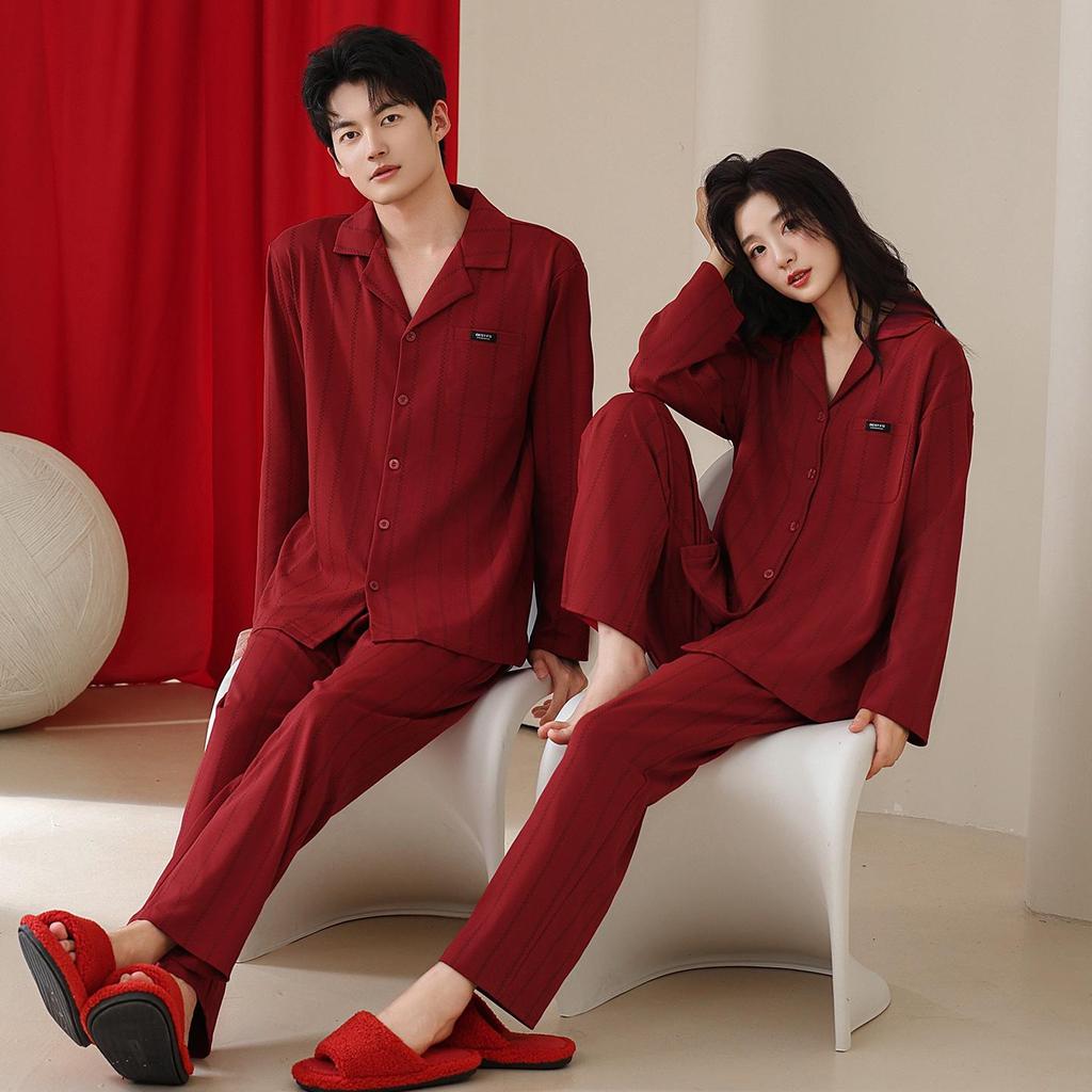 Red Year of the Rat Cardigan Pajamas Set - Tencel Cotton, Long Sleeve, for Couples, Spring/Autumn